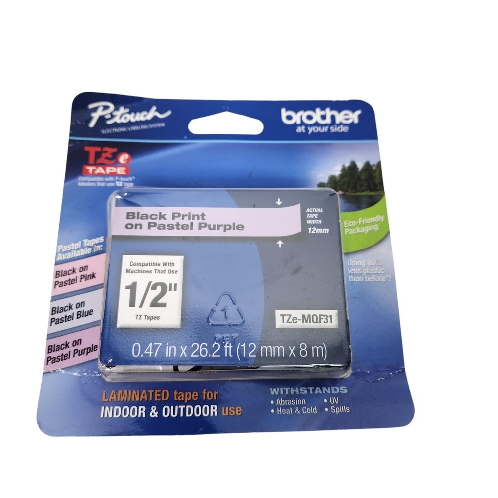 Brother P-Touch TZeMQF31 Label Tape 12mm 1/2in Black On Pastel Purple Laminated